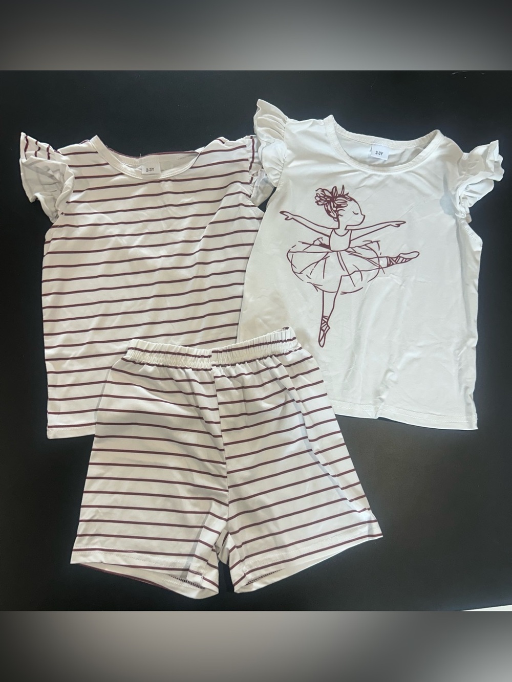 Girls' White & Burgundy Striped Tee, Shorts + Ballerina Graphic Tee Set